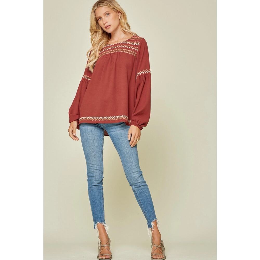 Savanna Jane Boho Long Sleeve Embroidered Top Size Small